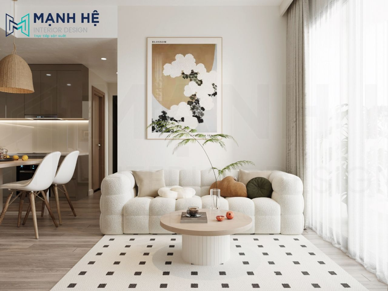 Phòng khách sử dụng ghế sofa đệm cao cấp với lối thiết kế kết hợp thảm trải sàn họa tiết đơn giản