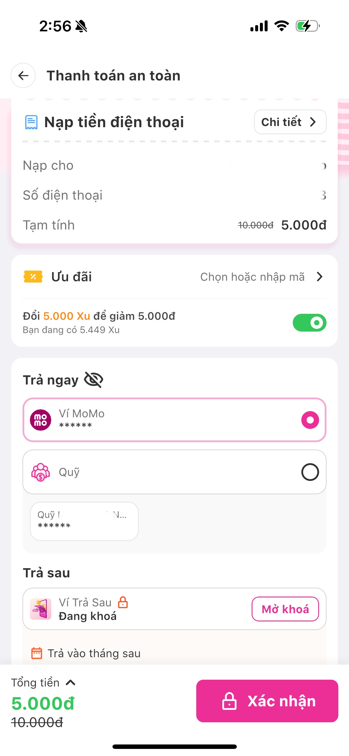 Kiểm tra thông báo giao dịch trừ xu thành công