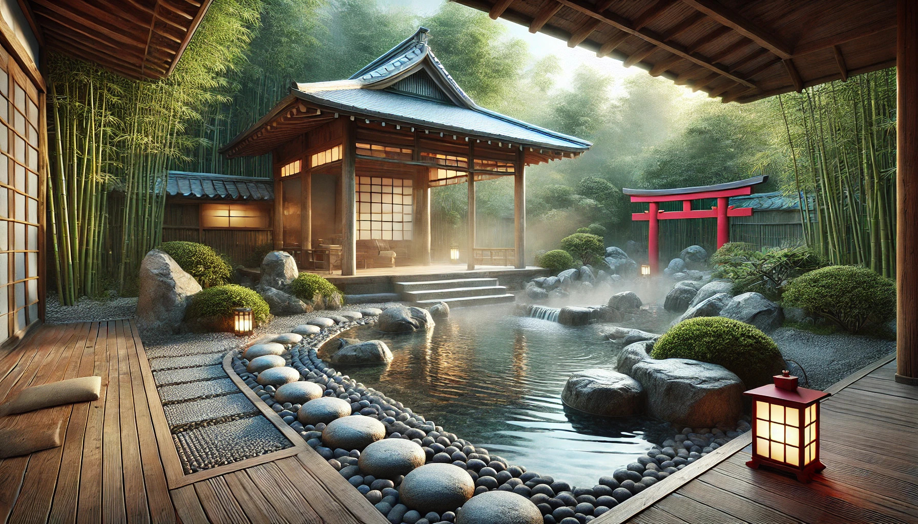 Chiều tối tĩnh lặng bao trùm khu vực onsen với ánh sáng mềm mại