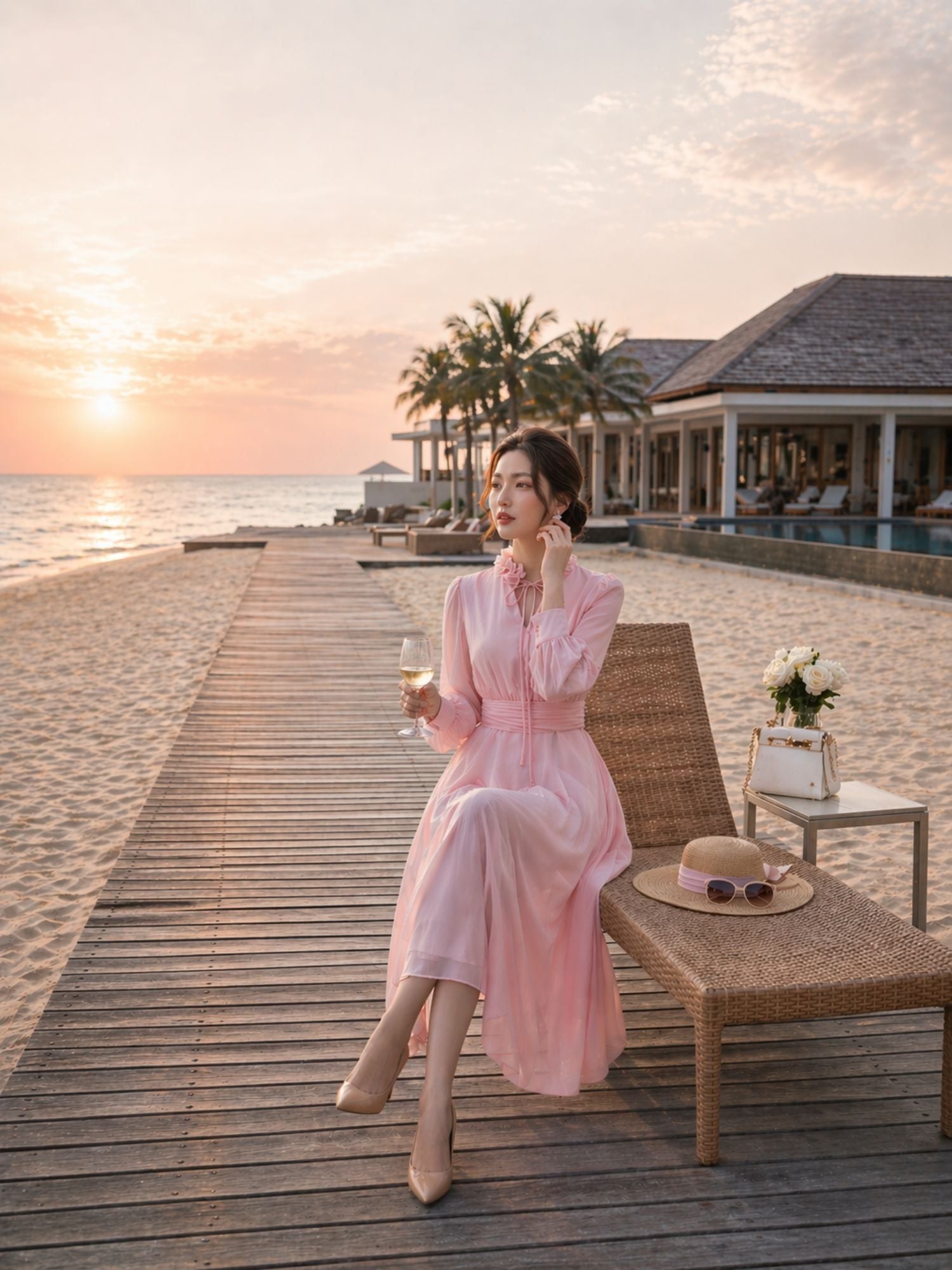 Mẫu đầm voan tơ thắt nơ màu hồng phấn ngọt ngào
