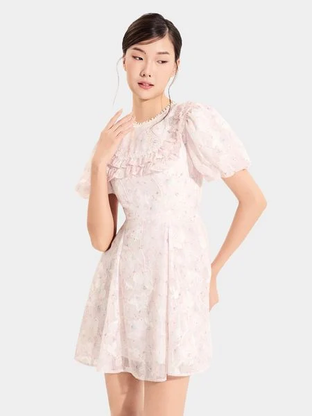 Đầm mini voan thêu hoa tay phồng cổ viền ren mang vẻ đẹp lãng mạn