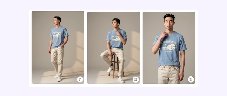 Ba góc chụp khác nhau của người mẫu ảo mặc áo thun và quần jeans