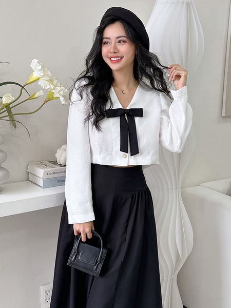 Áo kiểu cổ V mix chân váy dài