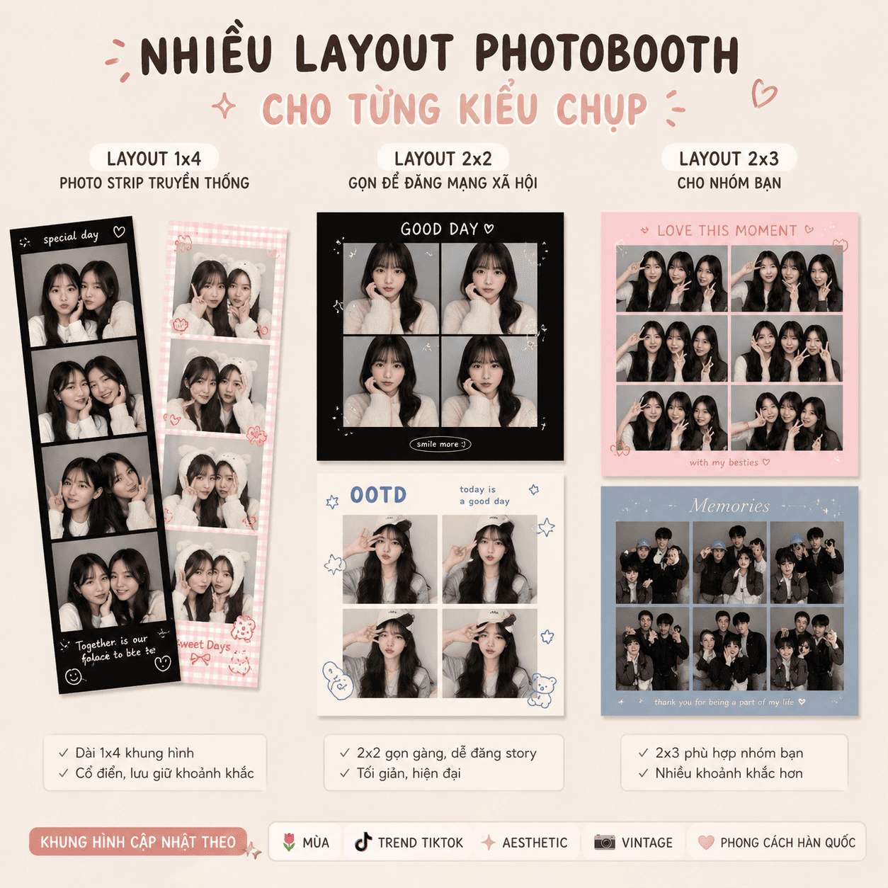 Các layout photobooth online 1x4, 2x2 và 2x3 trên PhotoXinhh