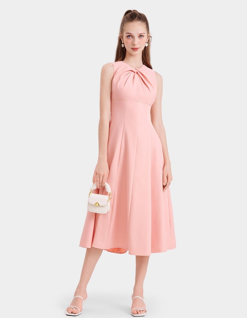 Đầm midi cổ tròn sát nách xoắn ngực
