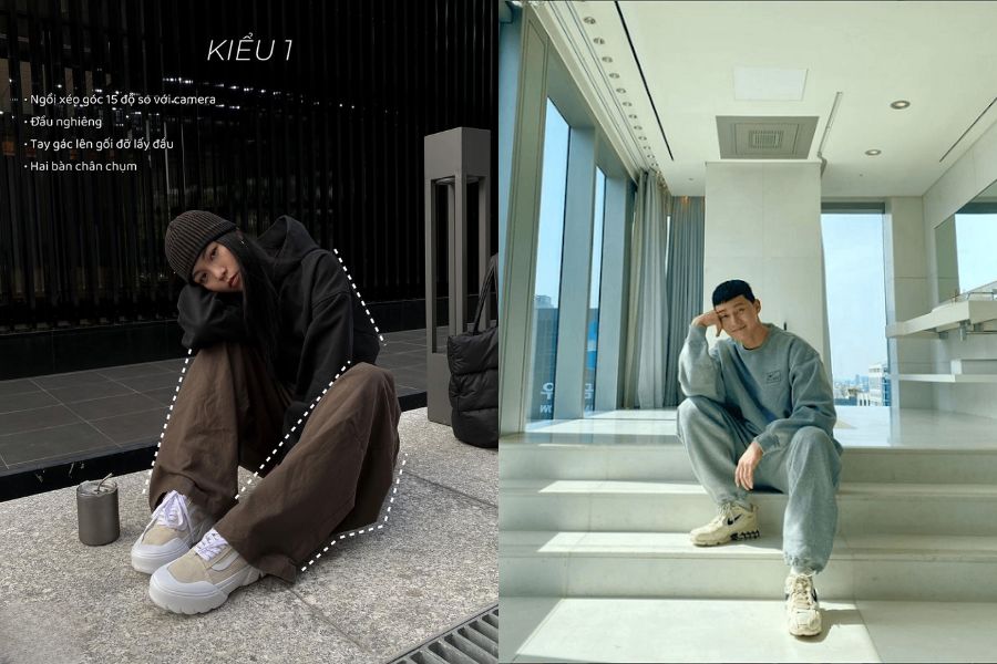 Ngồi xổm, tay chống đầu gối phù hợp với những ai theo phong cách cool ngầu