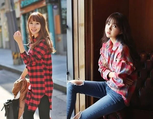 Phối quần jean với áo sơ mi nữ caro