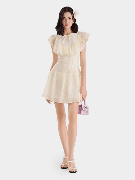 Đầm mini hạ eo cổ tròn phối bèo đính nơ