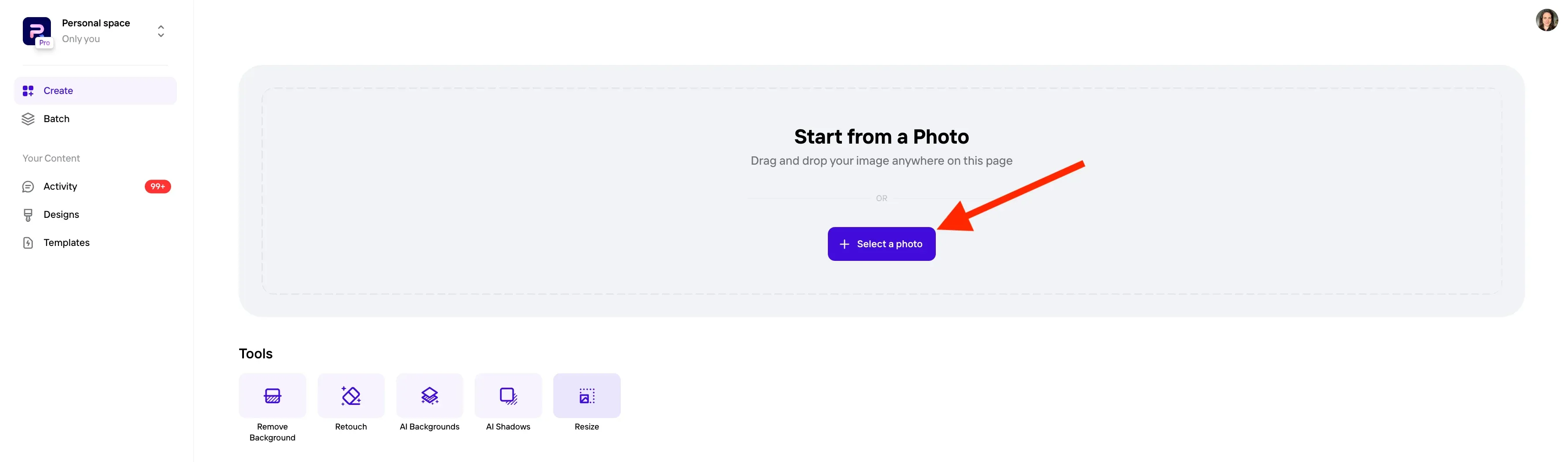 Giao diện Photoroom: start from photo