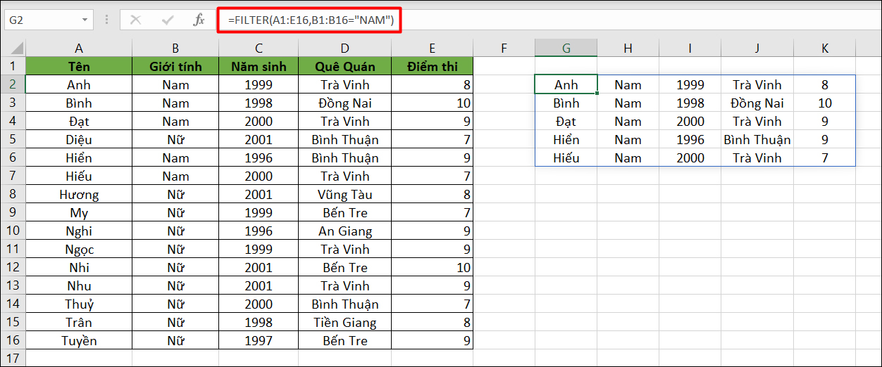Cú pháp hàm FILTER trong Excel