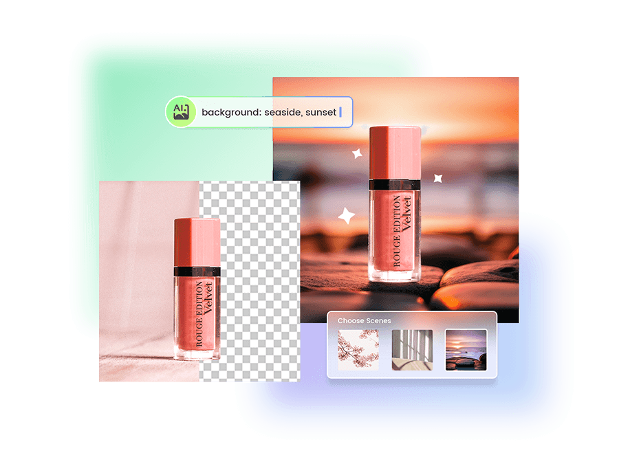 Xóa phông nền sản phẩm và thay phông nền hoàng hôn bên bờ biển bằng AI Fotor