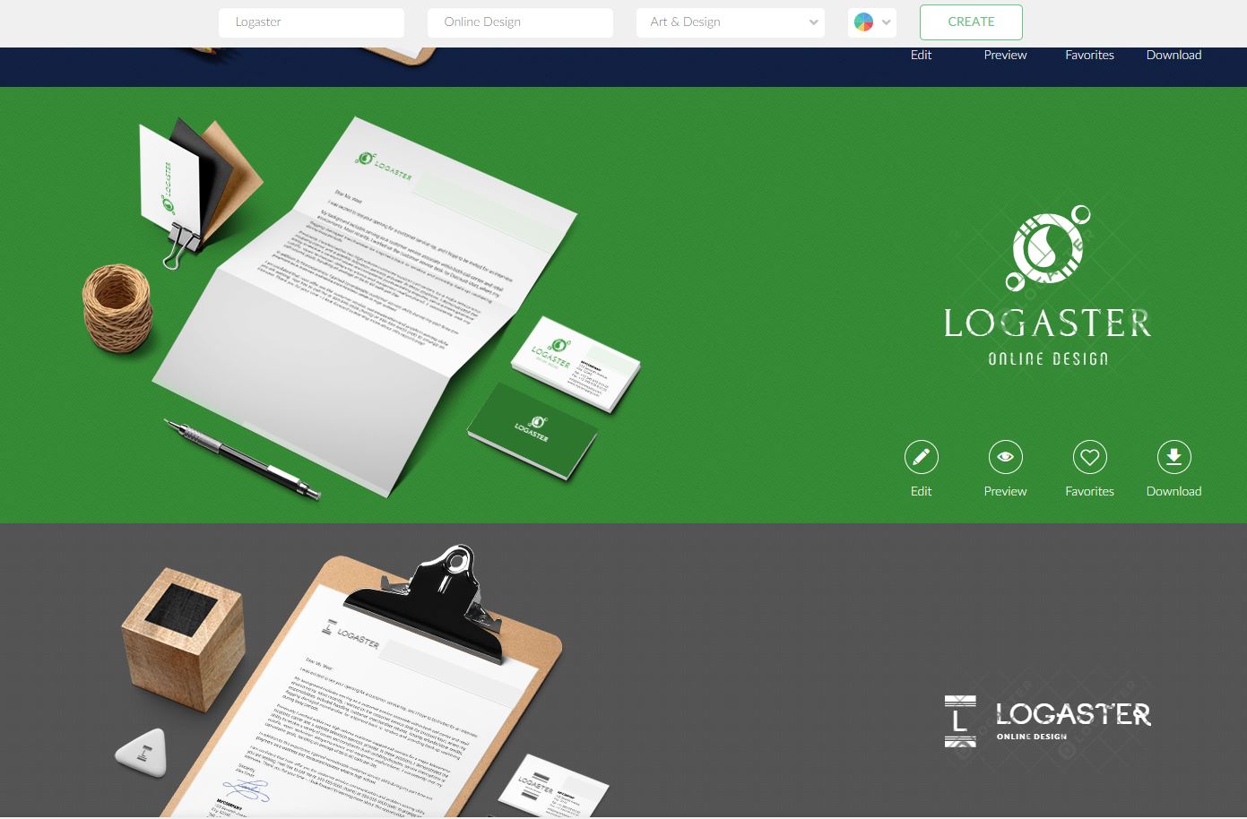 Giao diện Logaster với hệ thống comprehensive branding package