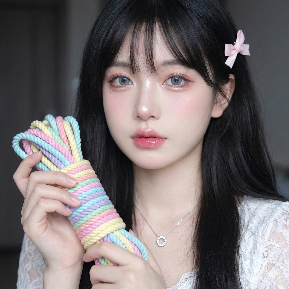 AI tạo ảnh sản phẩm: model ảo kawaii cầm cuộn dây thừng pastel nhiều màu dễ thương
