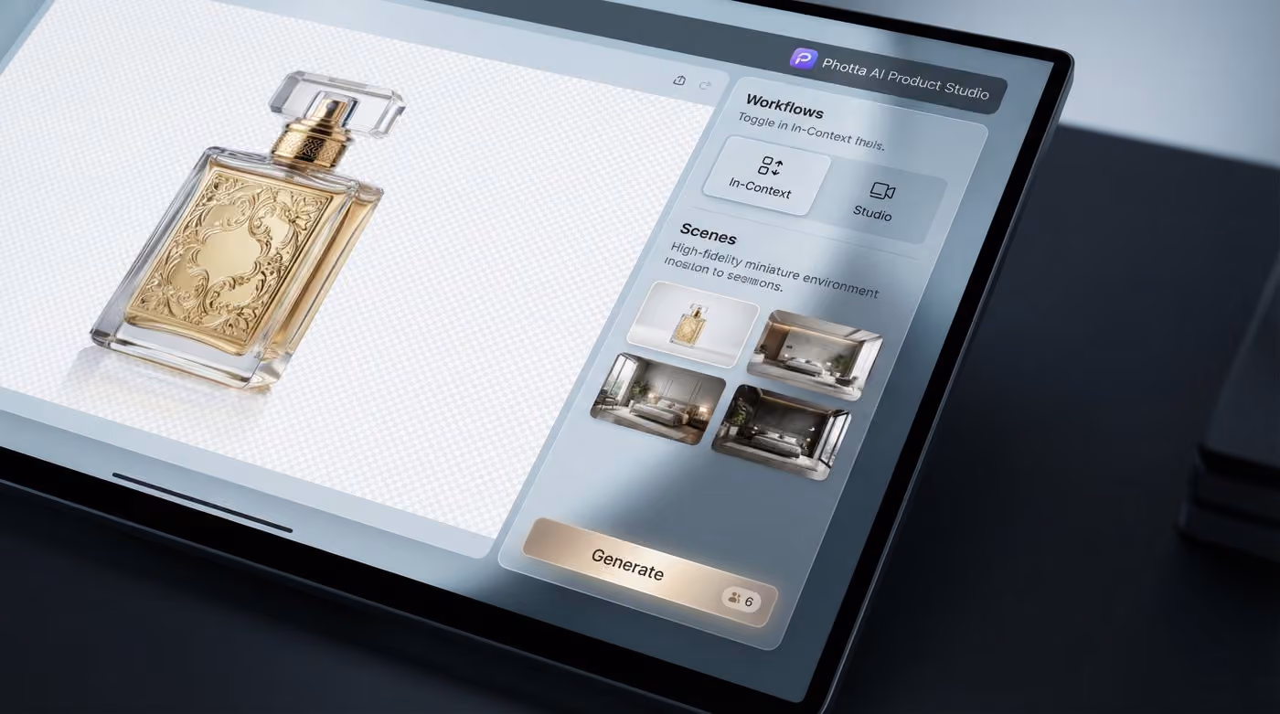 Giao diện Photta AI Product Studio với ảnh gốc bên trái và các tùy chọn bối cảnh bên phải.