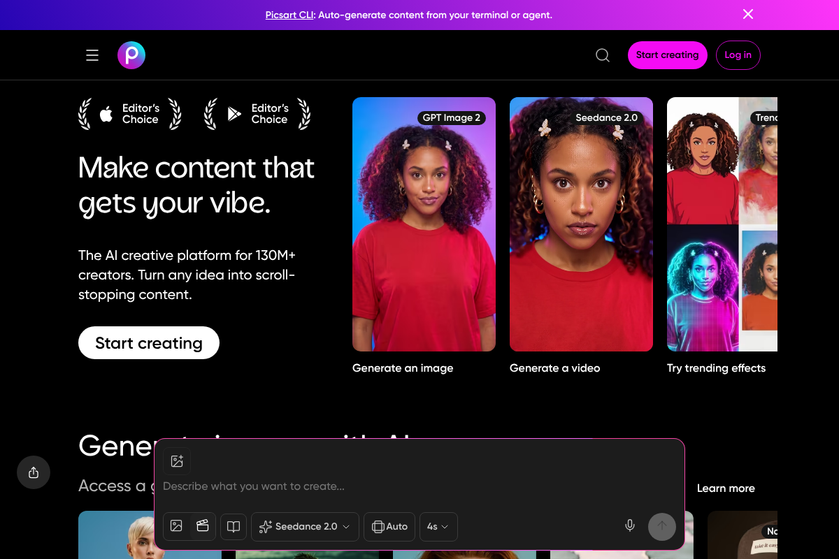 Trang chủ Picsart với bộ công cụ chỉnh ảnh và video tích hợp AI