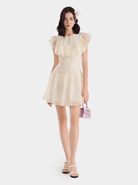 Đầm mini hạ eo cổ tròn phối bèo đính nơ
