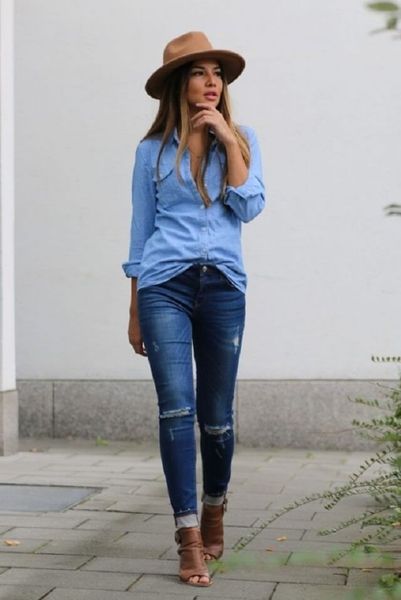 Phối quần jean với áo sơ mi denim