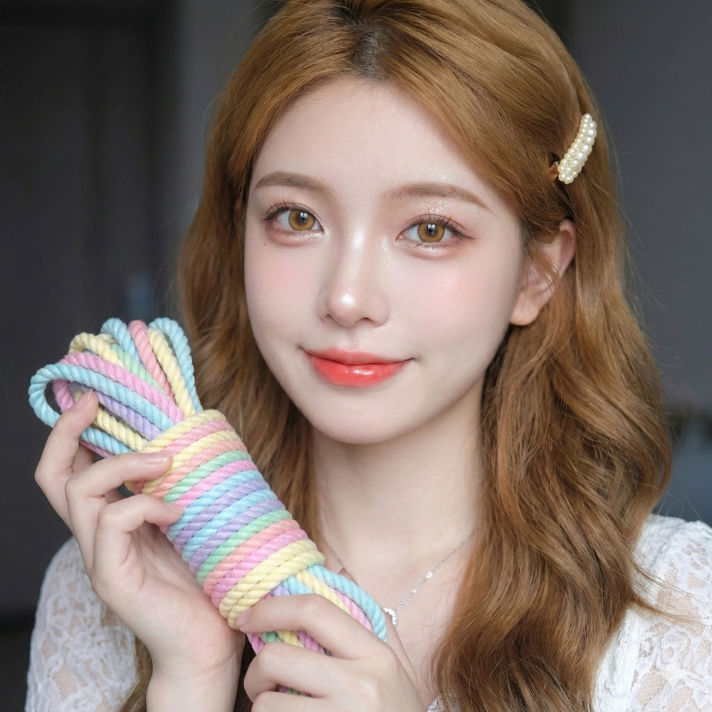AI tạo ảnh sản phẩm close-up: model ảo cầm dây thừng pastel cầu vồng với makeup dewy glowy