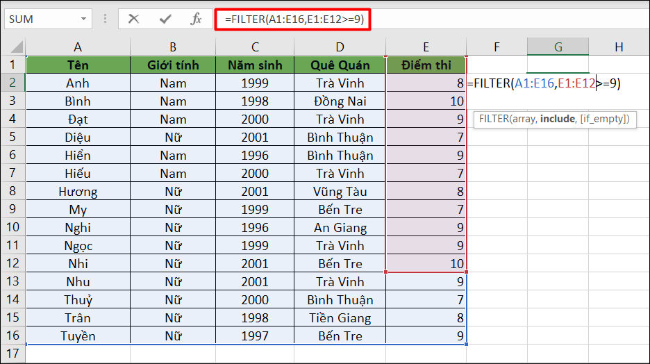 Lỗi SPILL khi không đủ không gian