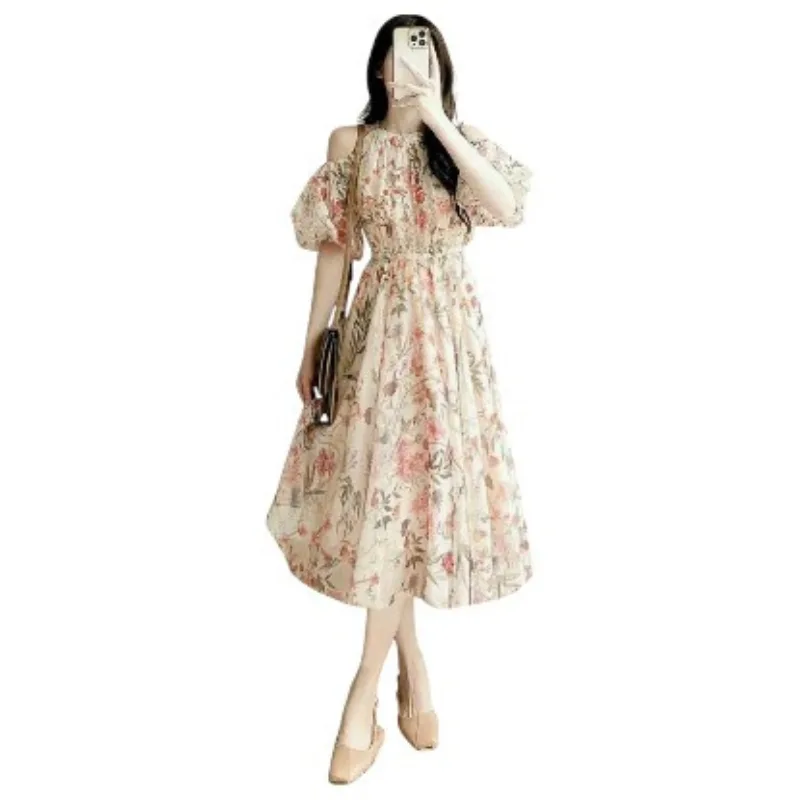 Đầm xòe voan chiffon họa tiết hoa lá
