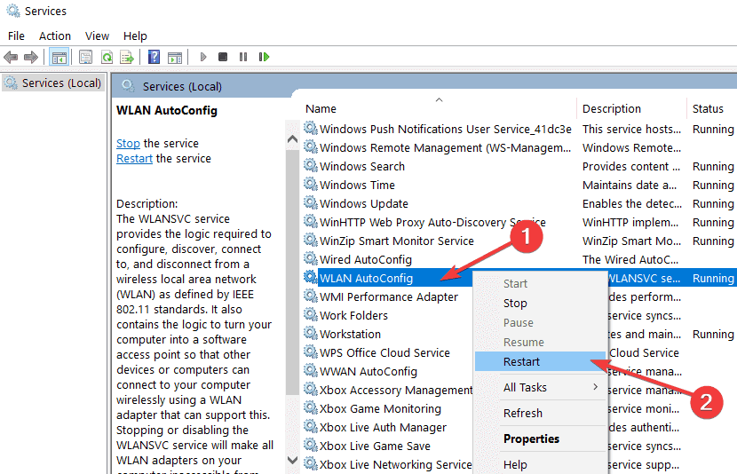 Kích hoạt WLAN AutoConfig và nhấp chuột phải để Restart