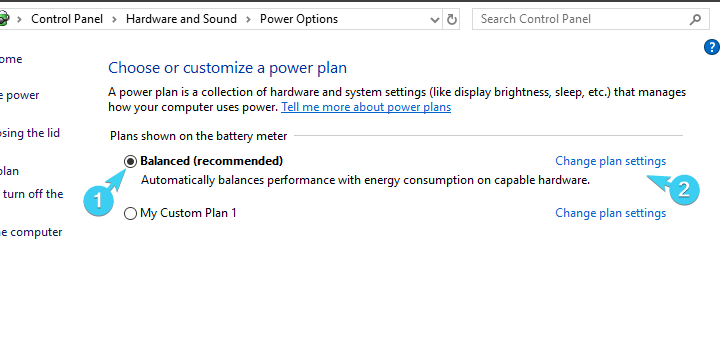 Chọn “Balanced” > Nhấp Change plan settings