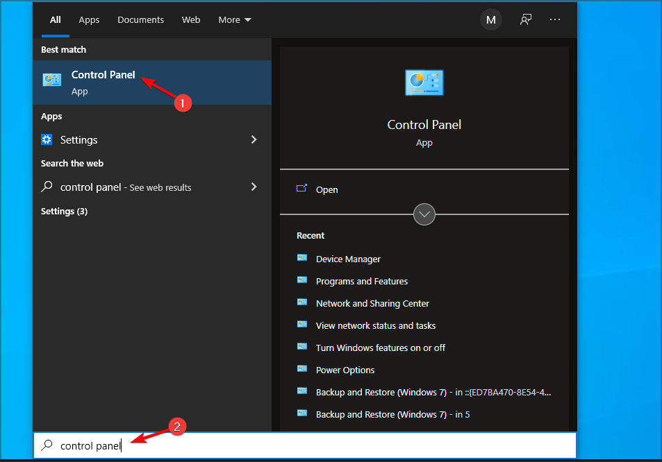 Vào mục tìm kiếm để tìm Control Panel