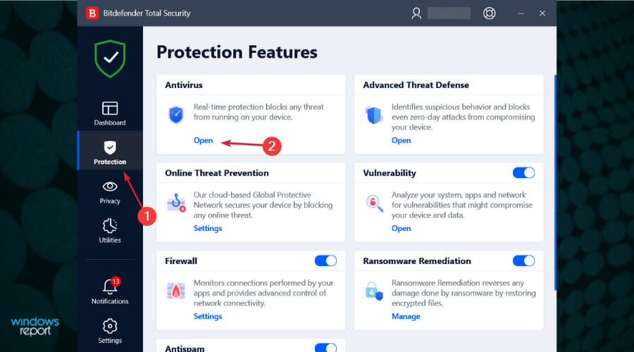 Nhấn Protection > Nhấp Open từ khung Antivirus