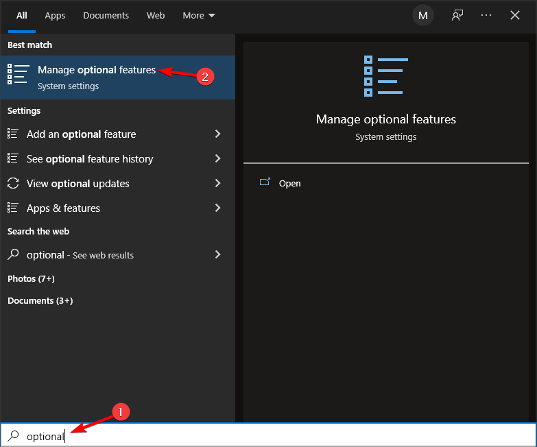 Sau khi gõ Optional vào hộp tìm kiếm > chọn vào mục Manage optional features