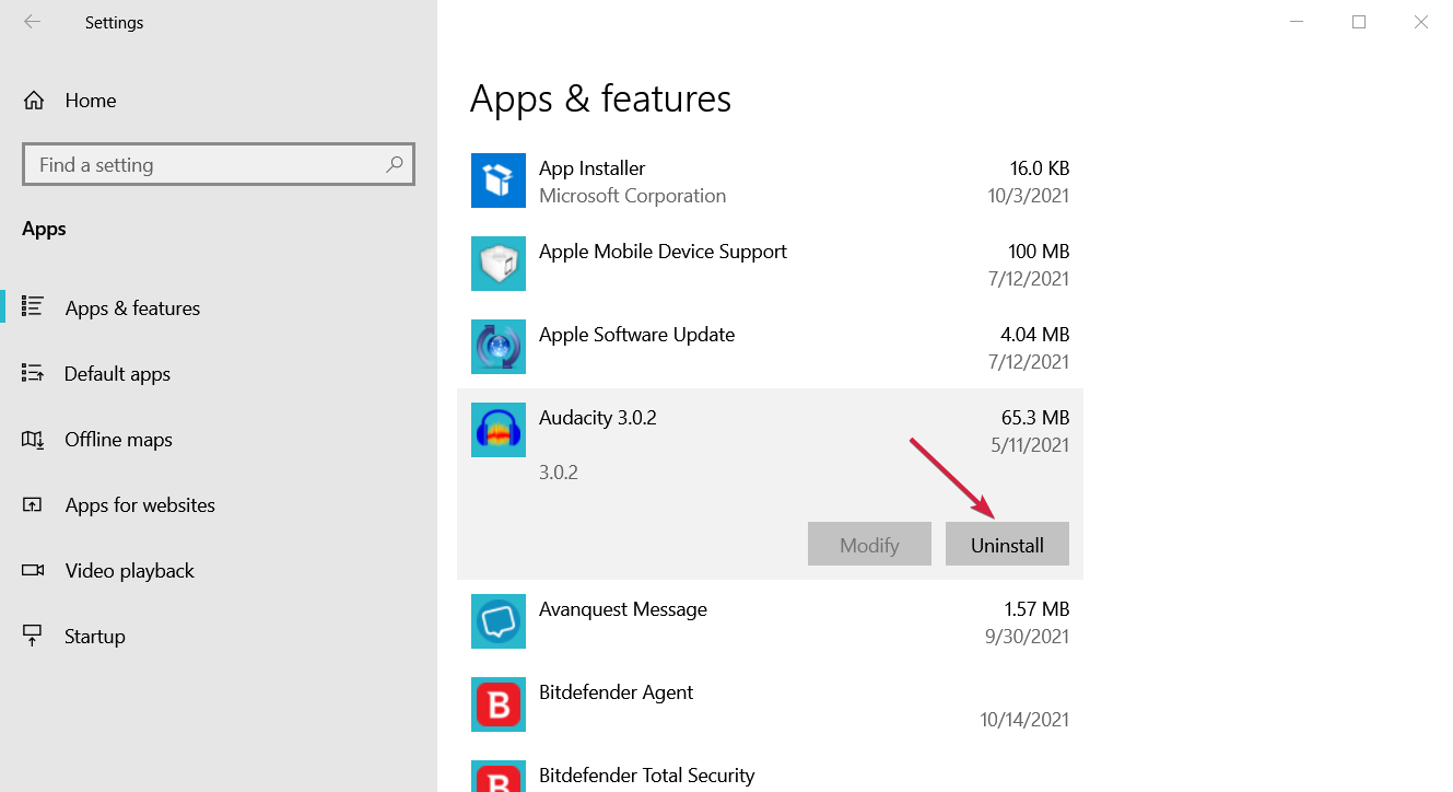 Tìm ứng dụng gần đây và chọn Uninstall