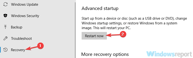 Từ menu bên trái chọn Recovery > Restart now