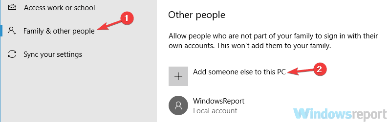 Chọn Family & other people > Add someone else to this PC