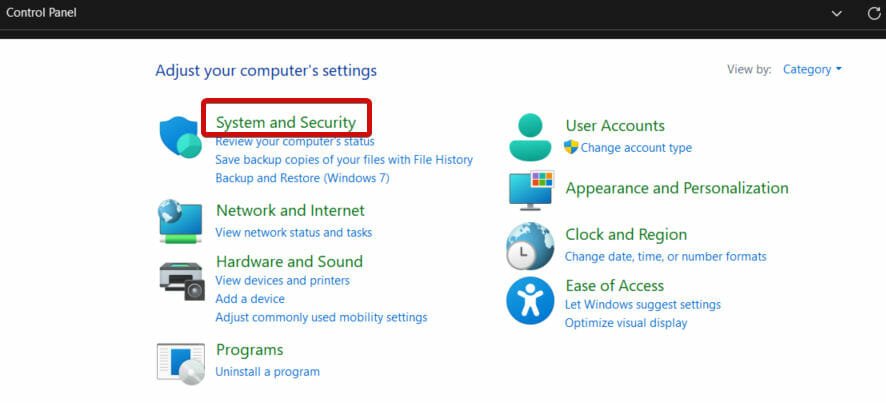 Mở bảng điều khiển và chọn System and Security