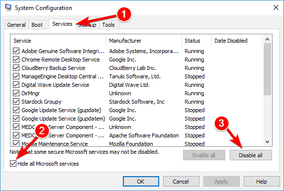 Services > Hide all Microsoft services > Disable all