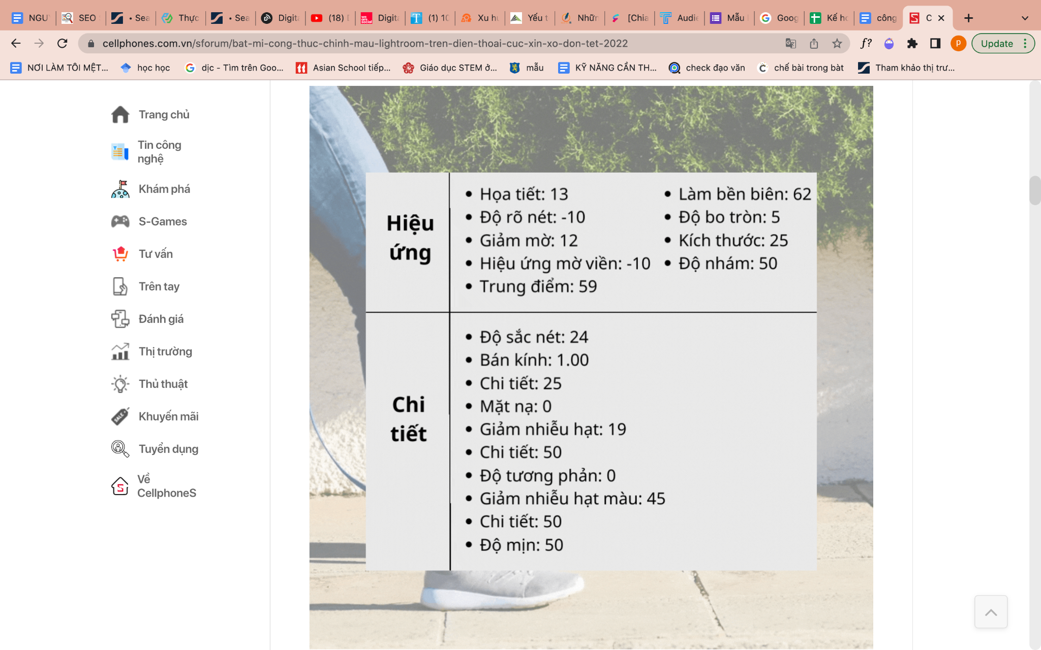 Bảng công thức chi tiết chỉnh màu xanh da trời trong Lightroom