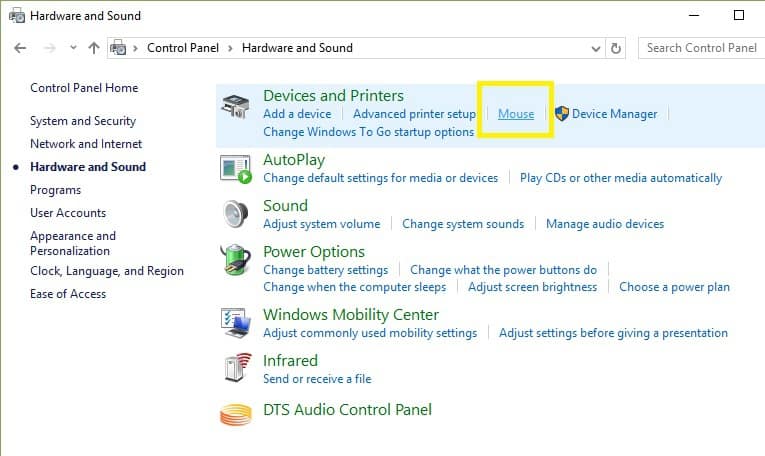 Lựa chọn Mouse trong phần Hardware and sound