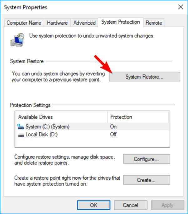 Nhấn vào System Restore và OK