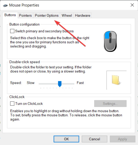 Chọn vào tab Pointer Options