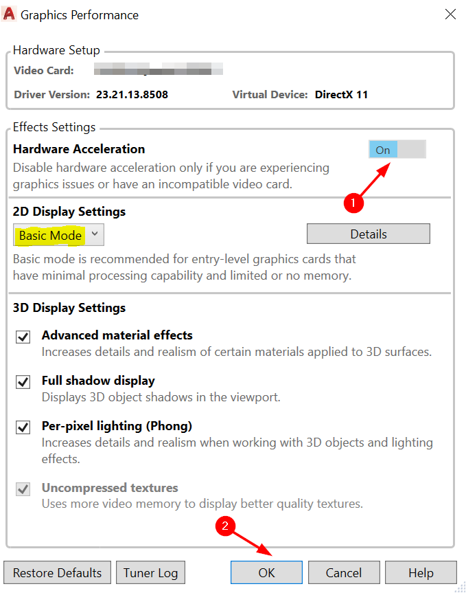 Tắt mục Hardware Acceleration > Nhấn chọn OK