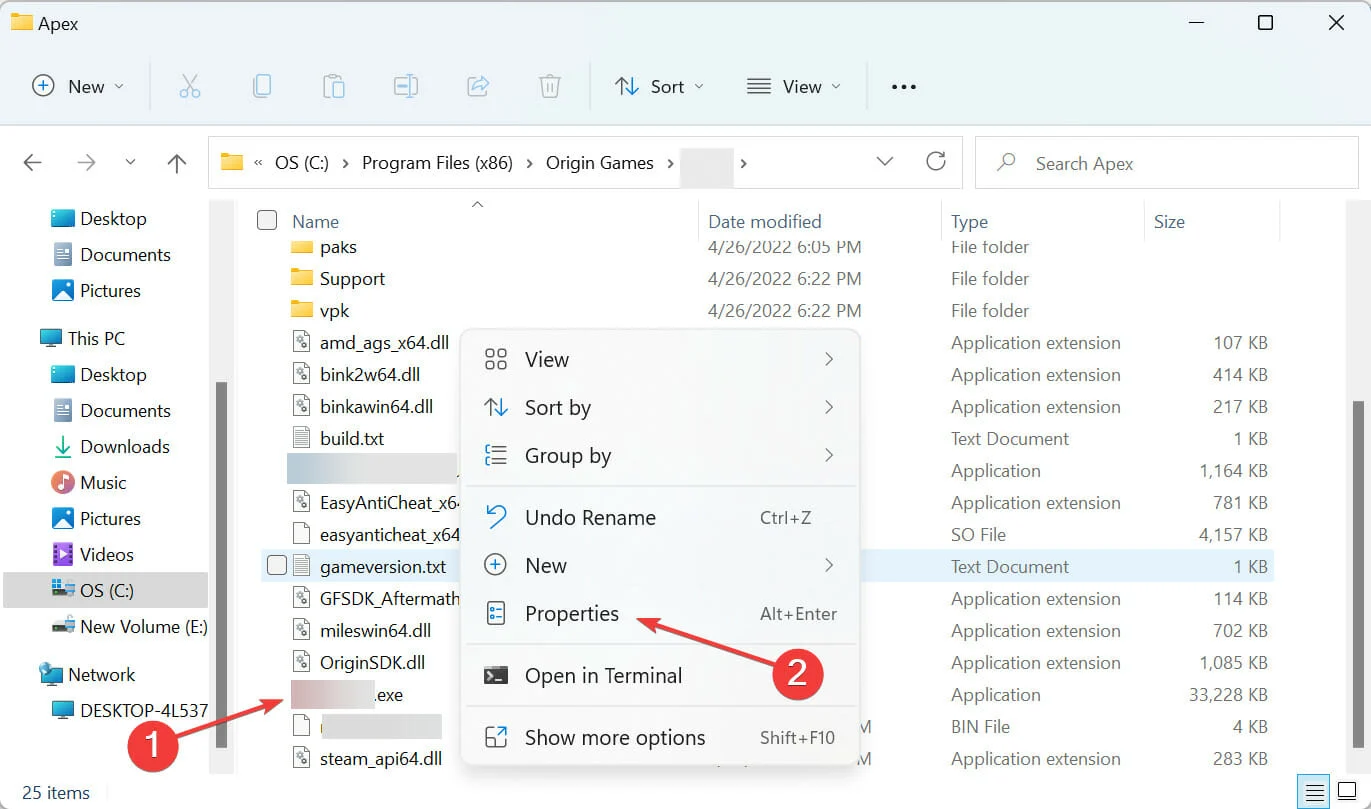 Định vị tệp .exe > Properties
