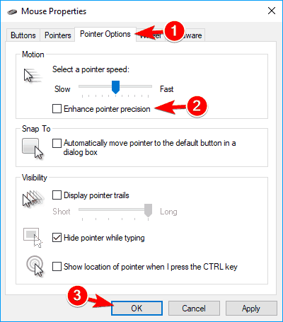 Chọn tab Pointer Options > Chọn Enhance pointer precision > Apply > OK