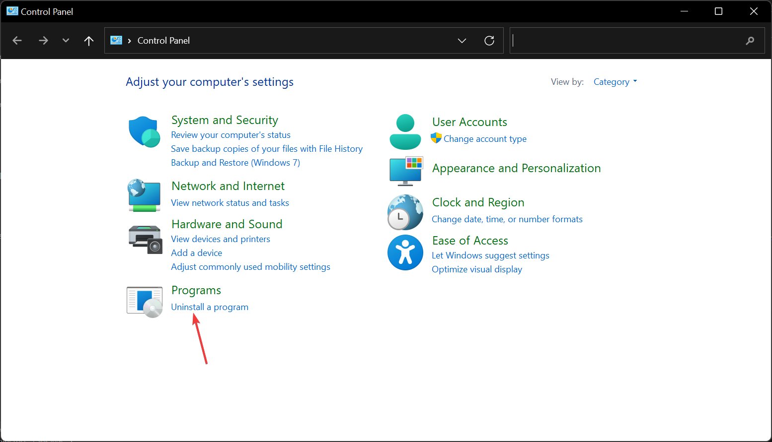 Bây giờ bạn hãy nhấp vào tùy chọn Uninstall a program