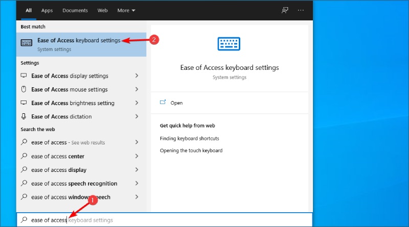 Chọn Ease of Access keyboard settings.