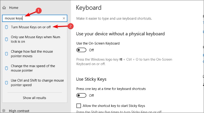 Chọn Turn Mouse Keys on or off