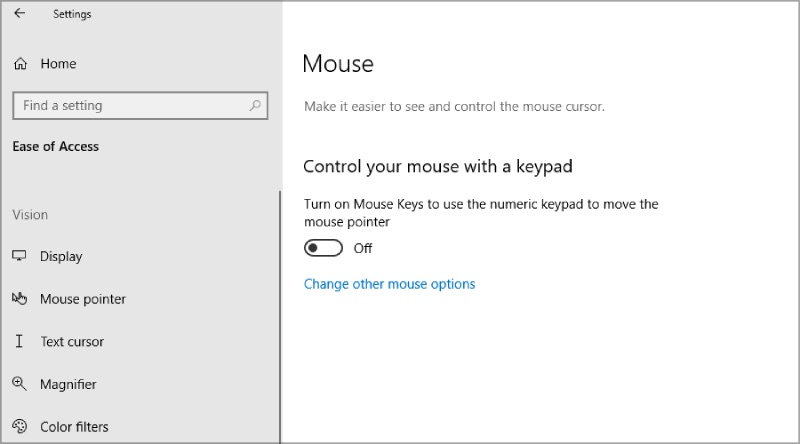 Tắt chế độ Control your mouse with a keypad