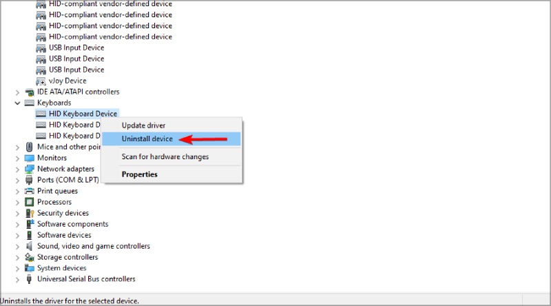Chọn Uninstall device để gỡ cài đặt