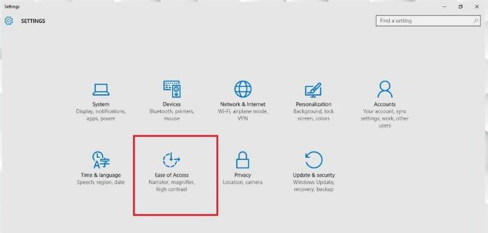 Chọn mục Ease of Access hiển thị trên màn hình