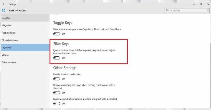 Tắt tính năng Filter Keys như trên màn hình
