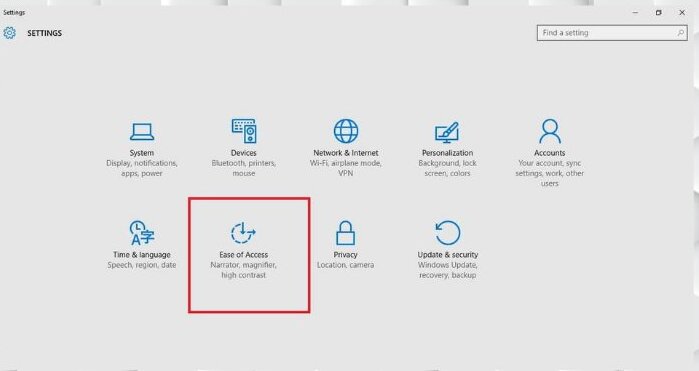 Chọn mục Ease Of Access trên màn hình hiển thị