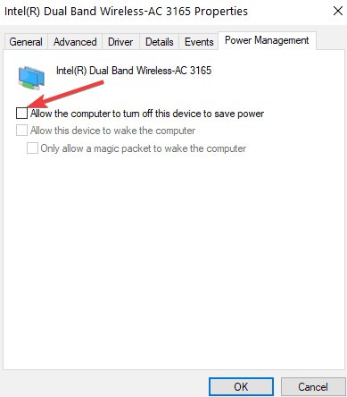 Bỏ chọn “Allow the computer to turn off this device to save power”